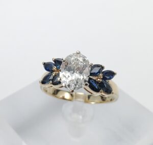 14k Yellow Gold 1.52ctw H/VVS2 GIA Natural Oval Cut Diamond Blue Sapphire Ring