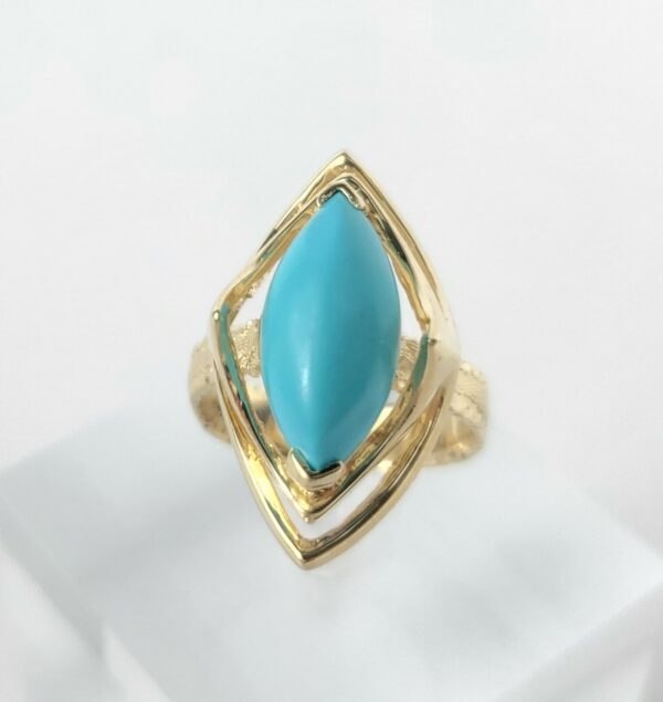 14k Yellow Gold 2.75ctw Marquise Cut Cabochon Turquoise Cocktail Solitaire Ring - Image 3