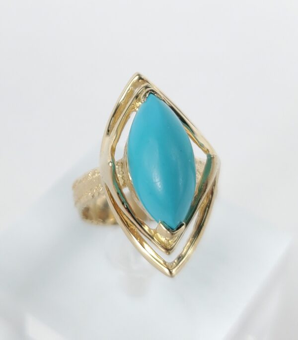 14k Yellow Gold 2.75ctw Marquise Cut Cabochon Turquoise Cocktail Solitaire Ring - Image 4