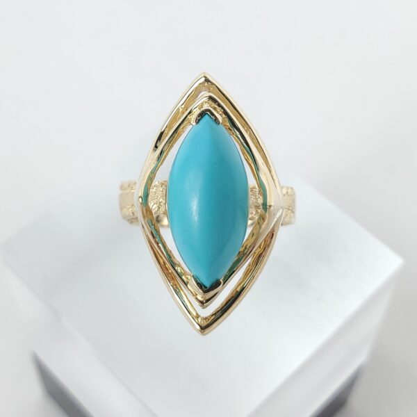 14k Yellow Gold 2.75ctw Marquise Cut Cabochon Turquoise Cocktail Solitaire Ring - Image 5
