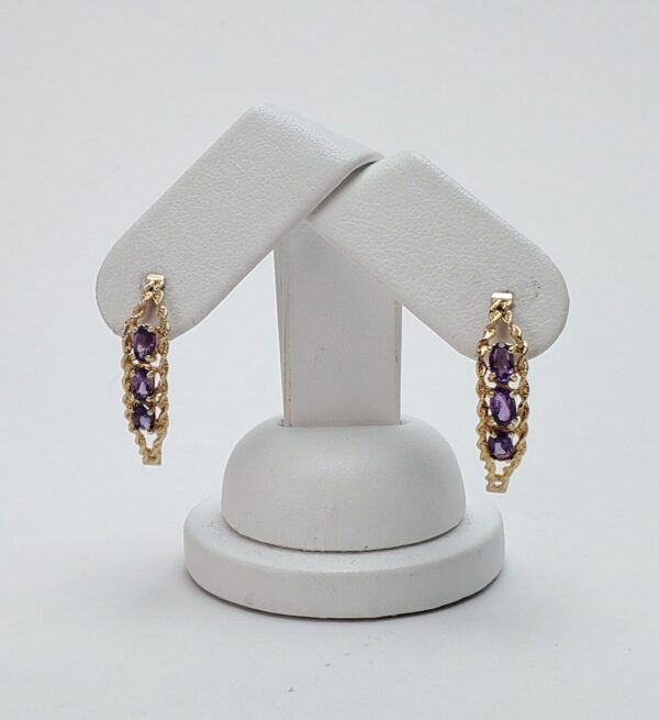 14k Yellow Gold Amethyst Twisted Rope Half Huggie Style Stud Earrings 1 1/8'' - Image 3