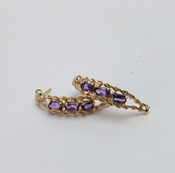 14k Yellow Gold Amethyst Twisted Rope Half Huggie Style Stud Earrings 1 1/8'' - Image 5