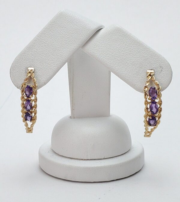 14k Yellow Gold Amethyst Twisted Rope Half Huggie Style Stud Earrings 1 1/8''