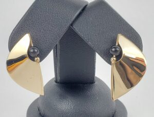 14k Yellow Gold Black Onyx Bead Fan Flared Stud Earrings Hallmark LJB 1''