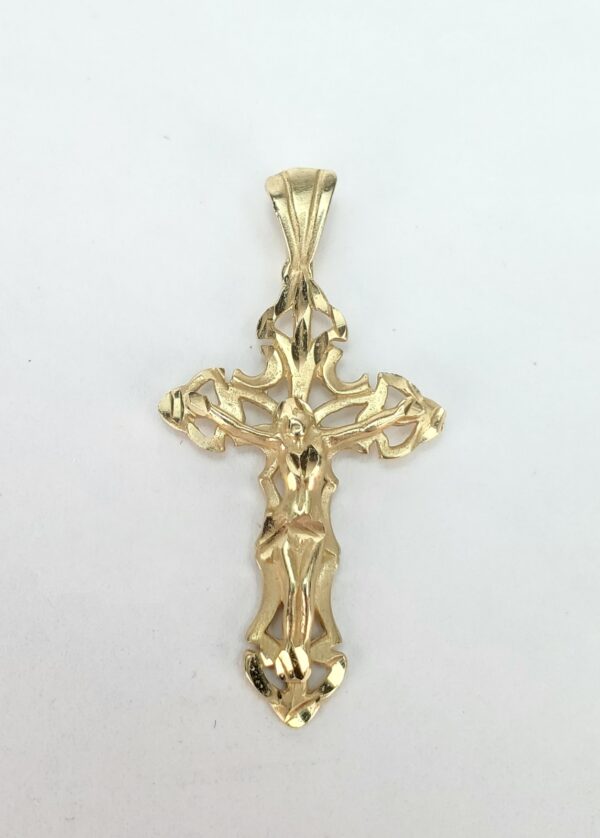 14k Yellow Gold Christian Catholic Open Work Crucifix Cross Drop Pendant 1 1/2'' - Image 3