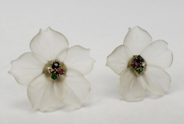 14k Yellow Gold Frosted Glass Diamond Ruby Blue Sapphire Emerald Flower Earrings - Image 3