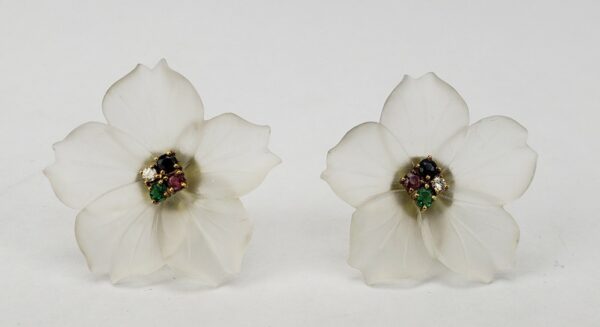 14k Yellow Gold Frosted Glass Diamond Ruby Blue Sapphire Emerald Flower Earrings - Image 4