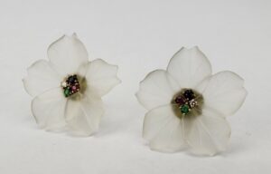 14k Yellow Gold Frosted Glass Diamond Ruby Blue Sapphire Emerald Flower Earrings
