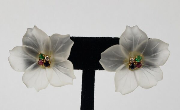 14k Yellow Gold Frosted Glass Diamond Ruby Blue Sapphire Emerald Flower Earrings - Image 5