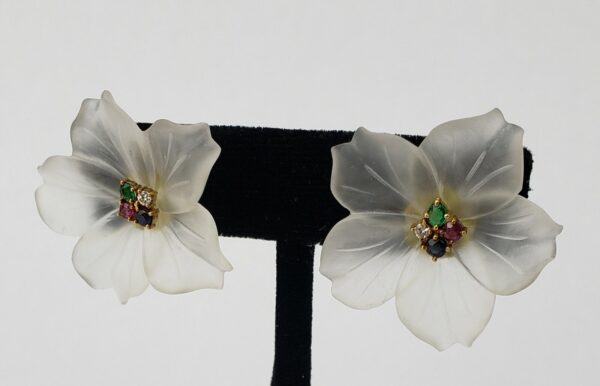 14k Yellow Gold Frosted Glass Diamond Ruby Blue Sapphire Emerald Flower Earrings - Image 6