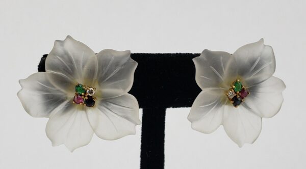 14k Yellow Gold Frosted Glass Diamond Ruby Blue Sapphire Emerald Flower Earrings - Image 7