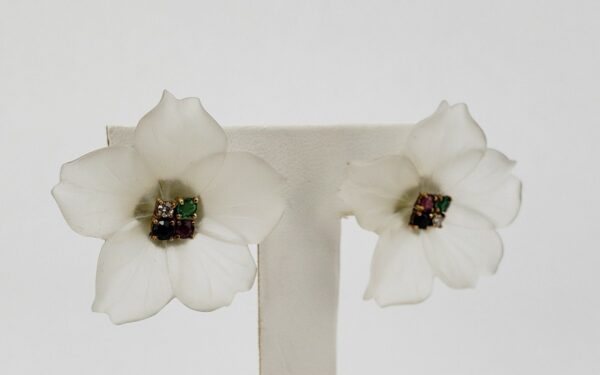 14k Yellow Gold Frosted Glass Diamond Ruby Blue Sapphire Emerald Flower Earrings - Image 9