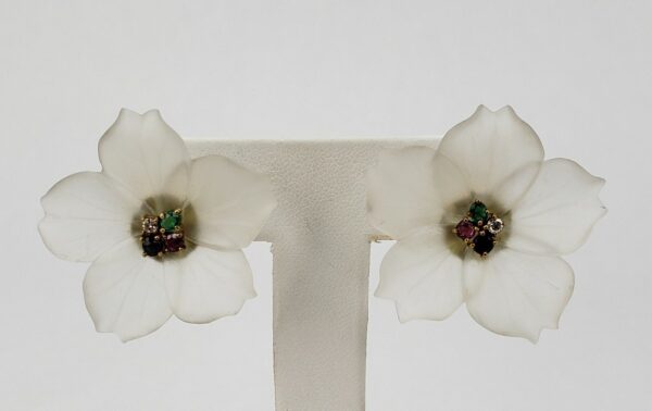 14k Yellow Gold Frosted Glass Diamond Ruby Blue Sapphire Emerald Flower Earrings - Image 10