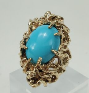 14k Yellow Gold Heavy Turquoise Solitaire Tree Plant Coral Nugget Cocktail Ring