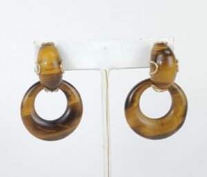 14k Yellow Gold Large Tiger's Eye Oval Dangle Dangling Stud Style Earrings 2''
