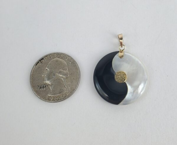 14k Yellow Gold Mother of Pearl Black Onyx Yin Yang Drop Dangle Circle Pendant - Image 7