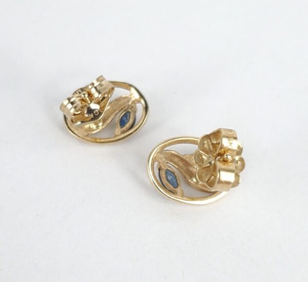 14k Yellow Gold Natural Blue Sapphire Floral Leaf Oval Shape Stud Earrings - Image 6