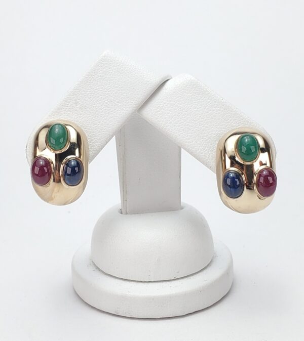 14k Yellow Gold Natural Oval Cabochon Emerald Ruby Blue Sapphire Omega Earrings - Image 3