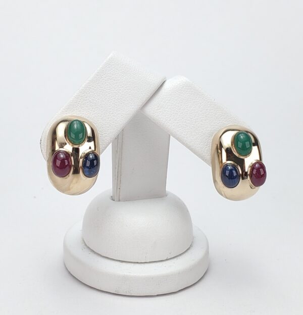 14k Yellow Gold Natural Oval Cabochon Emerald Ruby Blue Sapphire Omega Earrings - Image 4