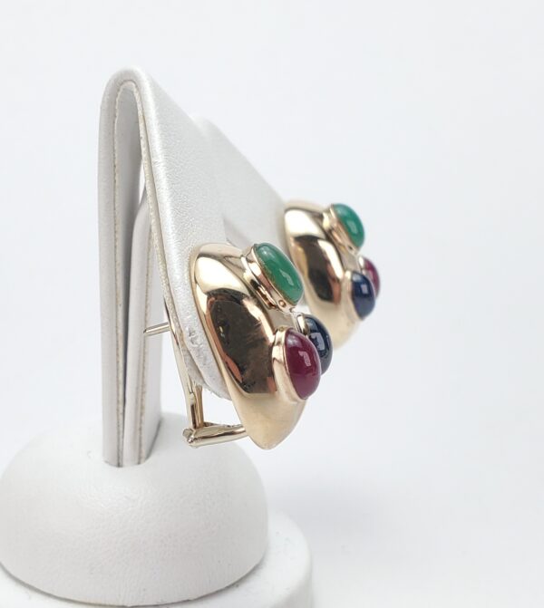 14k Yellow Gold Natural Oval Cabochon Emerald Ruby Blue Sapphire Omega Earrings - Image 5