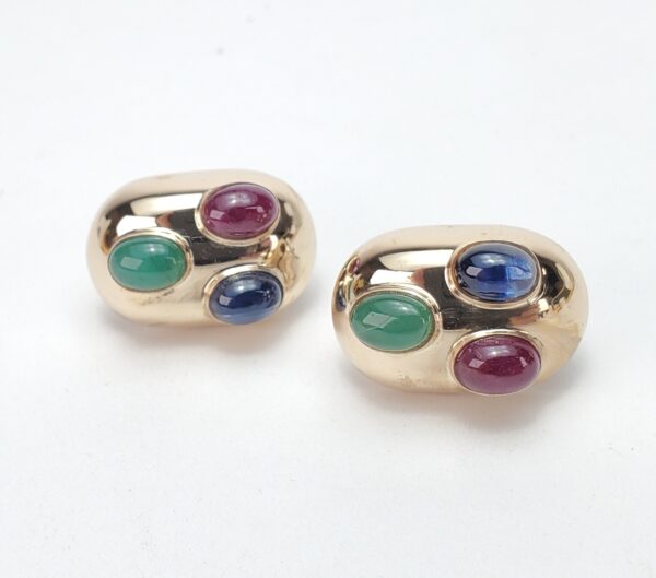 14k Yellow Gold Natural Oval Cabochon Emerald Ruby Blue Sapphire Omega Earrings - Image 6