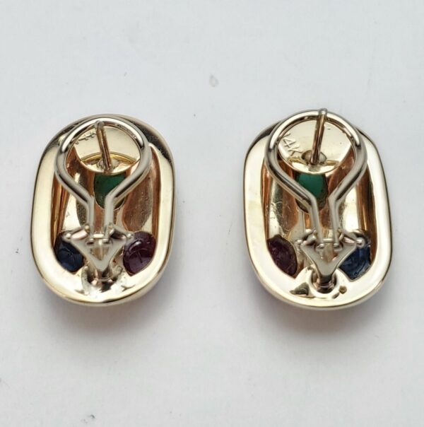 14k Yellow Gold Natural Oval Cabochon Emerald Ruby Blue Sapphire Omega Earrings - Image 7
