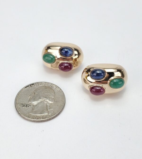 14k Yellow Gold Natural Oval Cabochon Emerald Ruby Blue Sapphire Omega Earrings - Image 9
