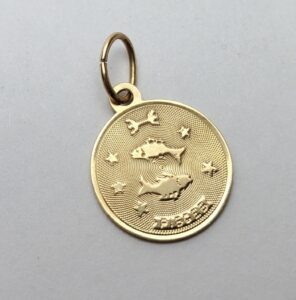 14k Yellow Gold Pisces Zodiac Dangle Dangling Circle Drop Medallion Pendant