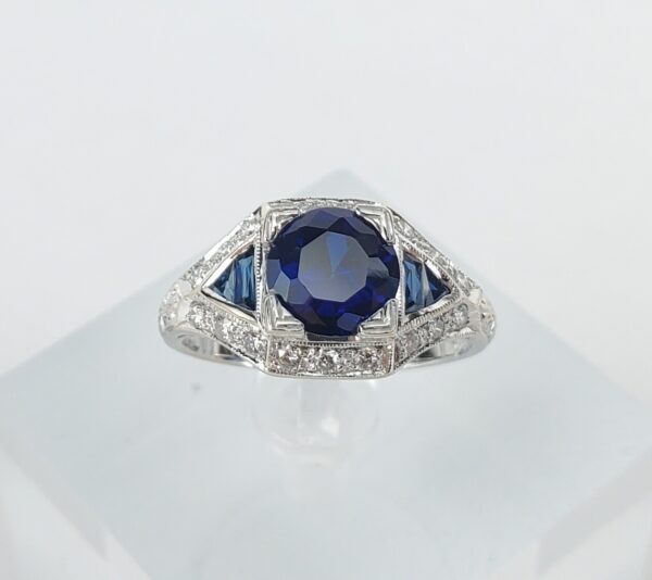 18k White Gold Diamond Lab Grown Blue Sapphire Deco Style Band Ring 6.5'' - Image 3