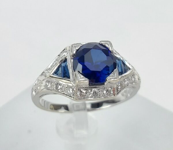 18k White Gold Diamond Lab Grown Blue Sapphire Deco Style Band Ring 6.5'' - Image 4