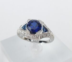 18k White Gold Diamond Lab Grown Blue Sapphire Deco Style Band Ring 6.5''