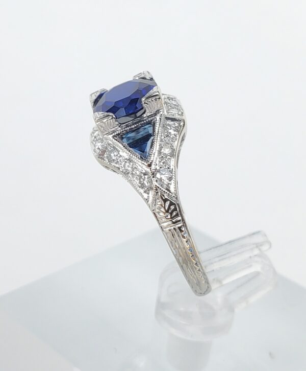 18k White Gold Diamond Lab Grown Blue Sapphire Deco Style Band Ring 6.5'' - Image 6
