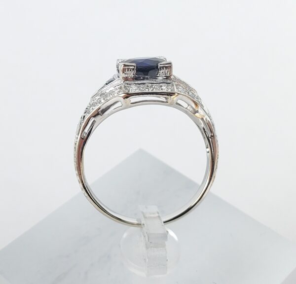 18k White Gold Diamond Lab Grown Blue Sapphire Deco Style Band Ring 6.5'' - Image 7