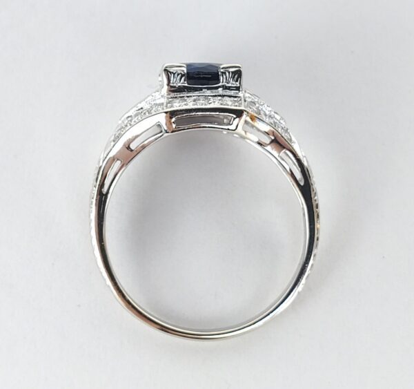 18k White Gold Diamond Lab Grown Blue Sapphire Deco Style Band Ring 6.5'' - Image 8