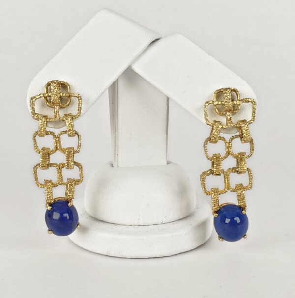 18k Yellow Gold Lapis Lazuli Textured Brutalist Drop Dangle Stud Earrings 1 3/4 - Image 3