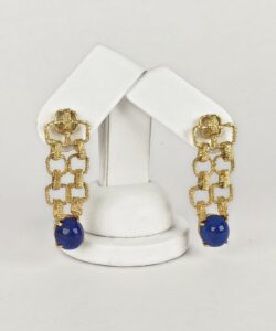 18k Yellow Gold Lapis Lazuli Textured Brutalist Drop Dangle Stud Earrings 1 3/4