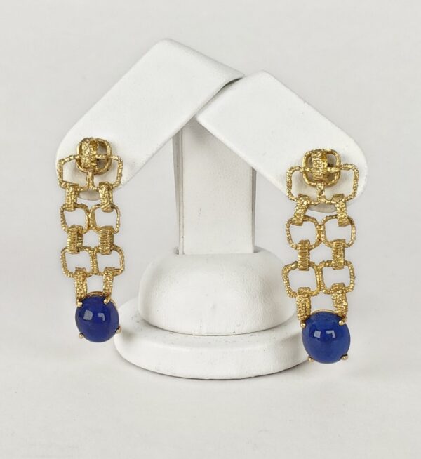 18k Yellow Gold Lapis Lazuli Textured Brutalist Drop Dangle Stud Earrings 1 3/4 - Image 4