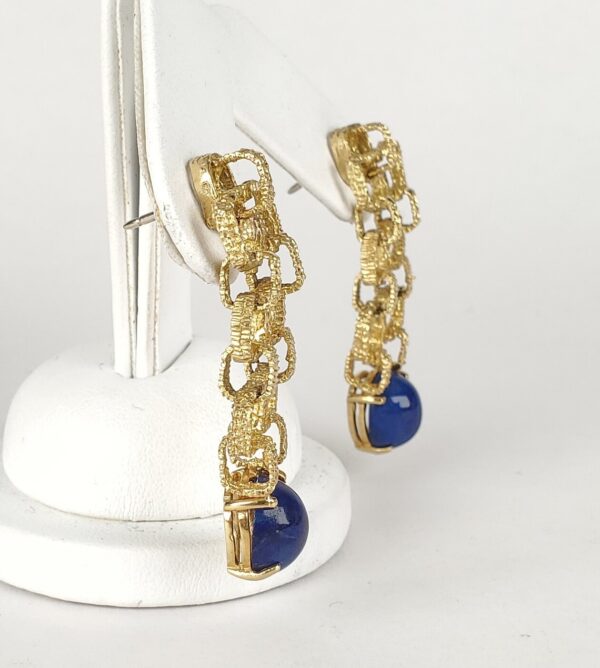 18k Yellow Gold Lapis Lazuli Textured Brutalist Drop Dangle Stud Earrings 1 3/4 - Image 5