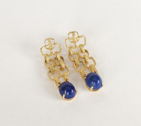 18k Yellow Gold Lapis Lazuli Textured Brutalist Drop Dangle Stud Earrings 1 3/4 - Image 8