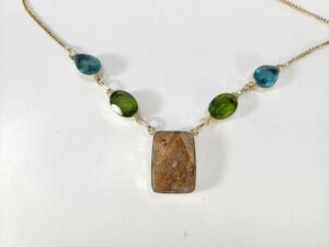 925 Sterling Silver Stainless Steel Blue & Green Glass Stone Drop Necklace 19.5'