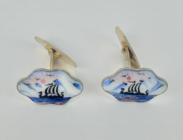 Vintage None 925 Sterling Silver Boat Seagull Sunset Sea Ocean Enamel Cufflinks - Image 3
