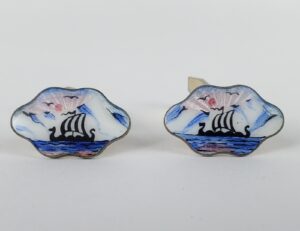 Vintage None 925 Sterling Silver Boat Seagull Sunset Sea Ocean Enamel Cufflinks