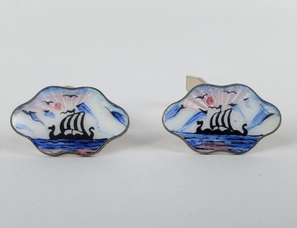Vintage None 925 Sterling Silver Boat Seagull Sunset Sea Ocean Enamel Cufflinks