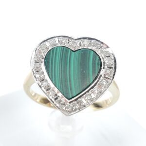 14k Multi-Tone Gold Malachite Diamond Halo Heart Love Ring 6.5''