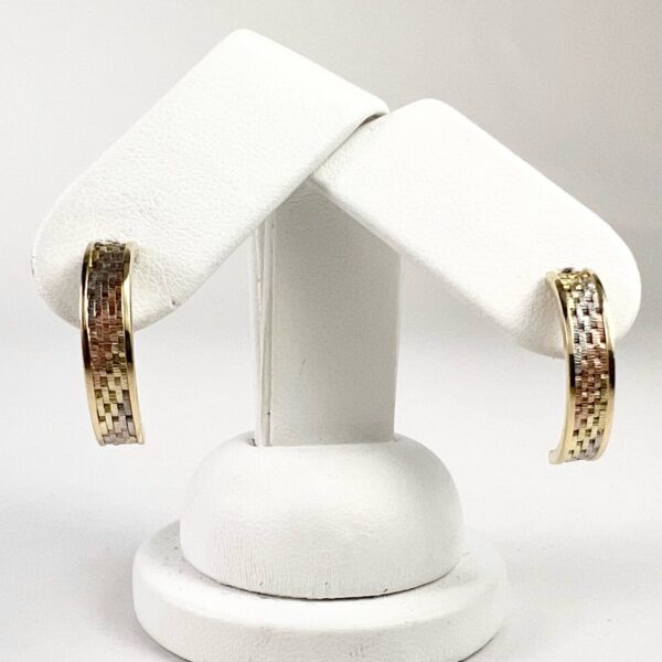 14k Tri-Tone Gold Half Hoop Woven Stud Earriings 7/8'' - Image 3