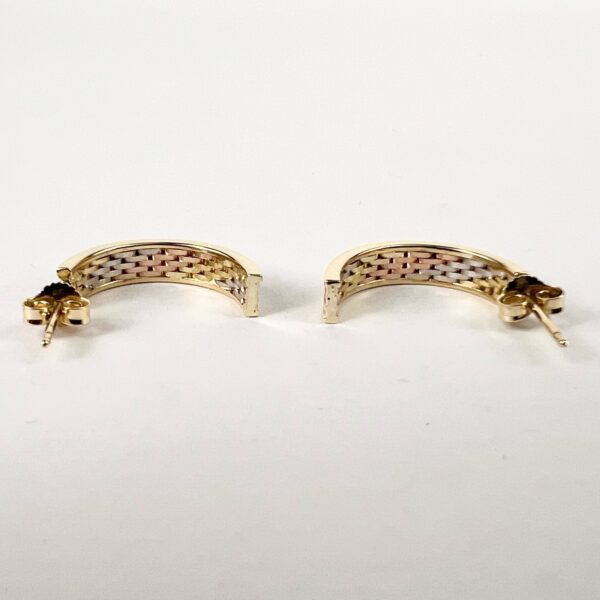 14k Tri-Tone Gold Half Hoop Woven Stud Earriings 7/8'' - Image 7