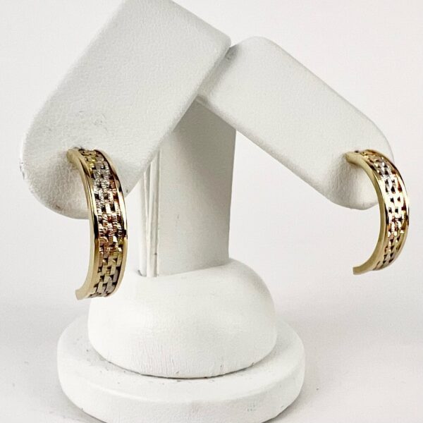 14k Tri-Tone Gold Half Hoop Woven Stud Earriings 7/8''