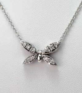 14k White Gold Diamond Butterfly Fairy Pendant Chain Link Necklace 16 5/8''