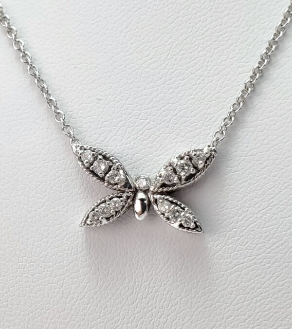14k White Gold Diamond Butterfly Fairy Pendant Chain Link Necklace 16 5/8''