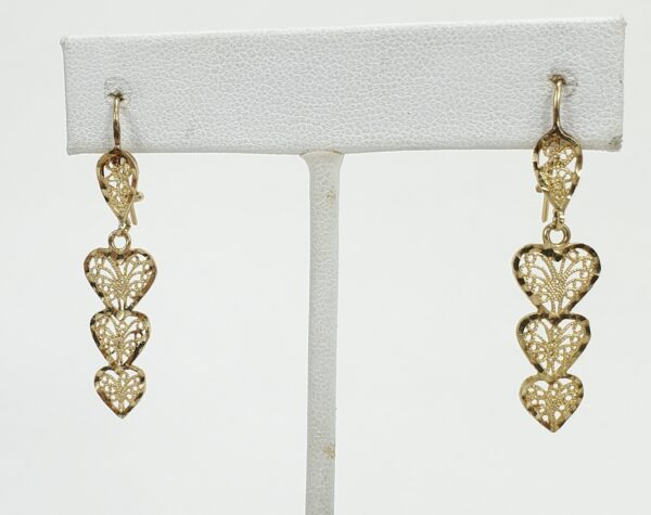 14k Yellow Gold Filigree 3 Heart Love Drop Hanging Hook Earrings 1 5/8'' - Image 3